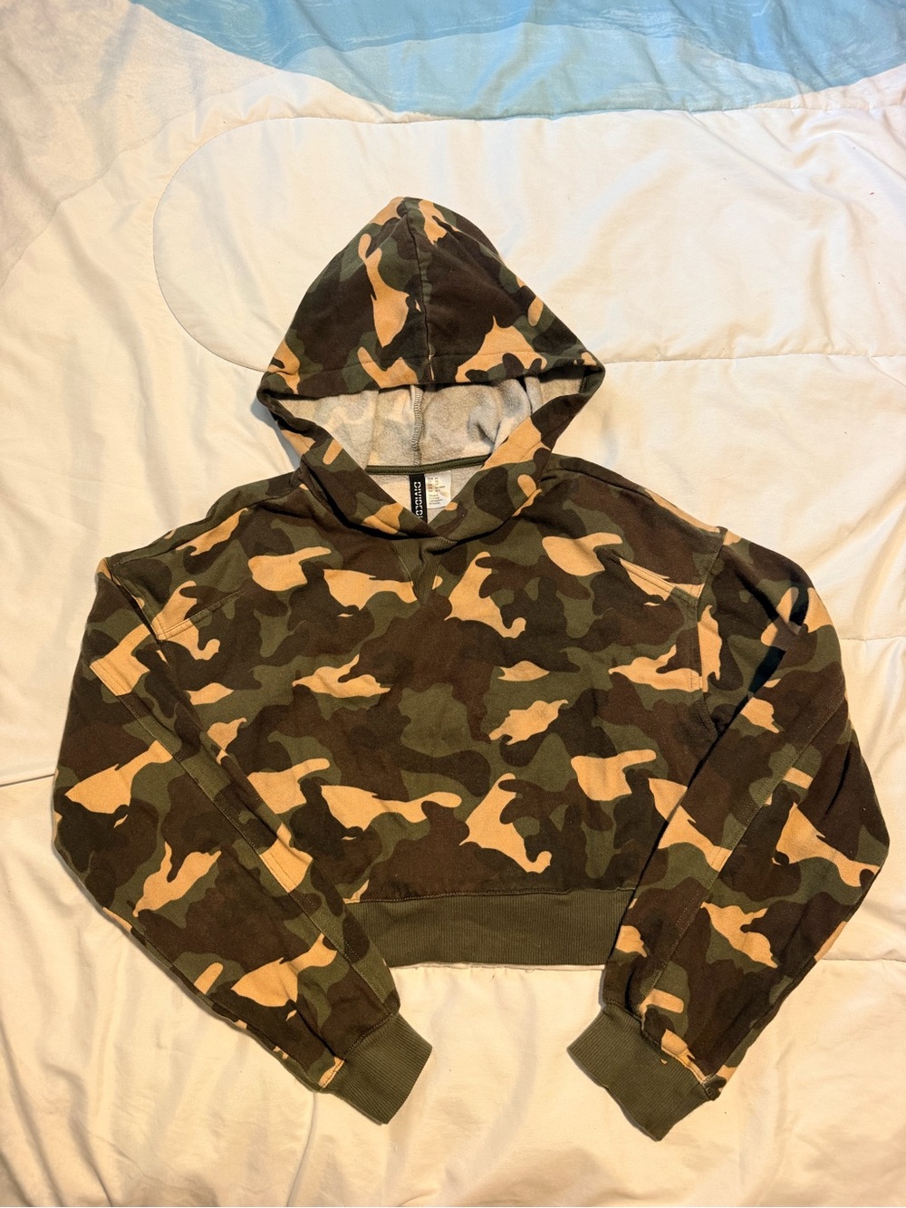 H&M Cropped Camo Hoodie in Olive, Brown, Tan